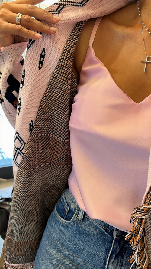 Cardigan lungo fantasia con cintura e frange 🤎