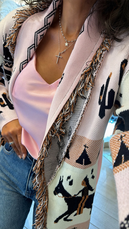 Cardigan lungo fantasia con cintura e frange 🤎