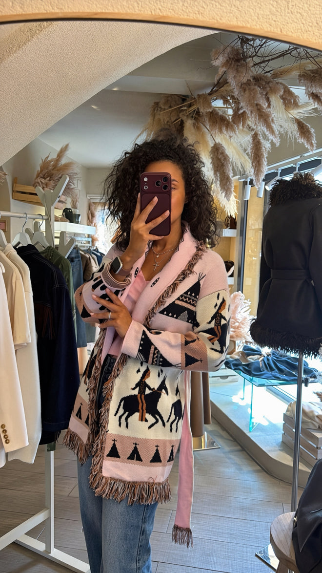 Cardigan lungo fantasia con cintura e frange 🤎