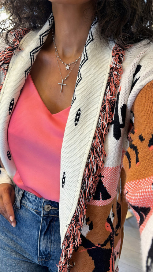 Cardigan lungo fantasia con cintura e frange 🤎