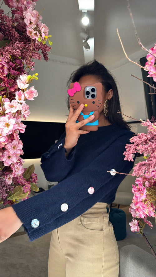 Maglione blu navy con maxi bottoni rivestiti in tessuti floreali🌸