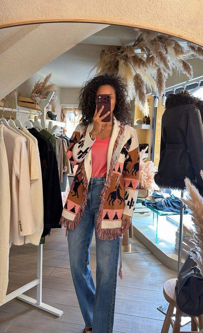 Cardigan lungo fantasia con cintura e frange 🤎
