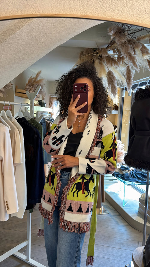 Cardigan lungo fantasia con cintura e frange 🤎