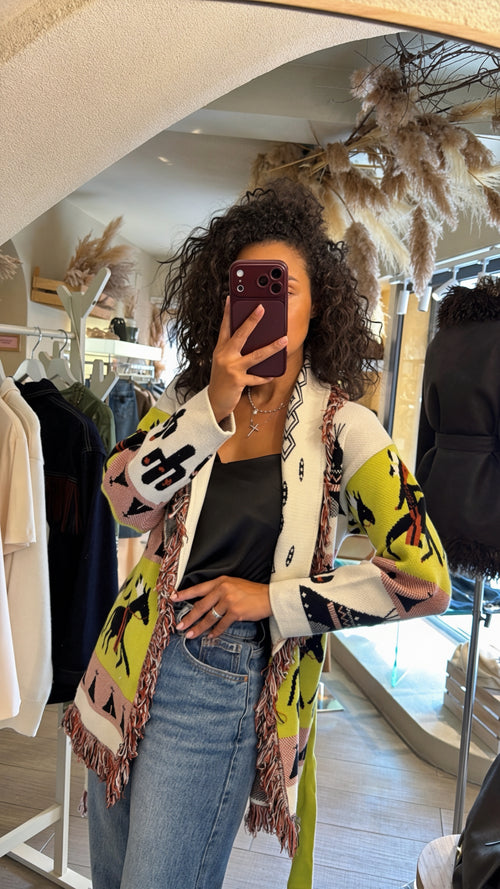 Cardigan lungo fantasia con cintura e frange 🤎