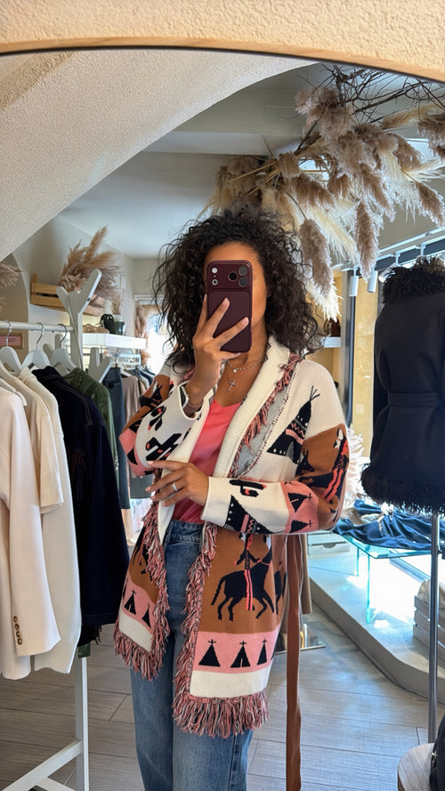 Cardigan lungo fantasia con cintura e frange 🤎