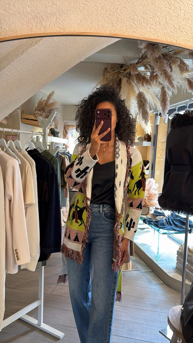 Cardigan lungo fantasia con cintura e frange 🤎