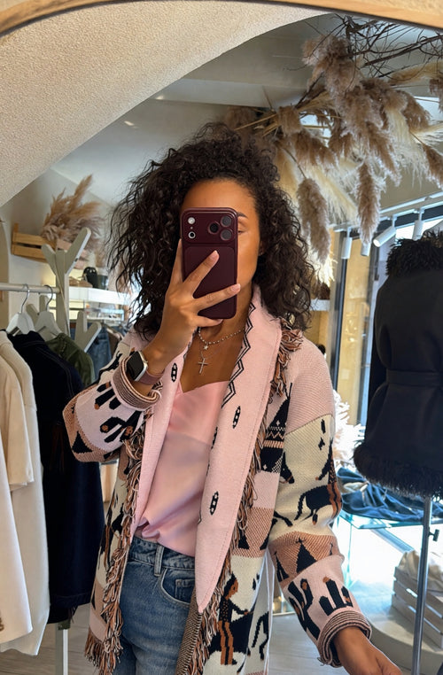 Cardigan lungo fantasia con cintura e frange 🤎