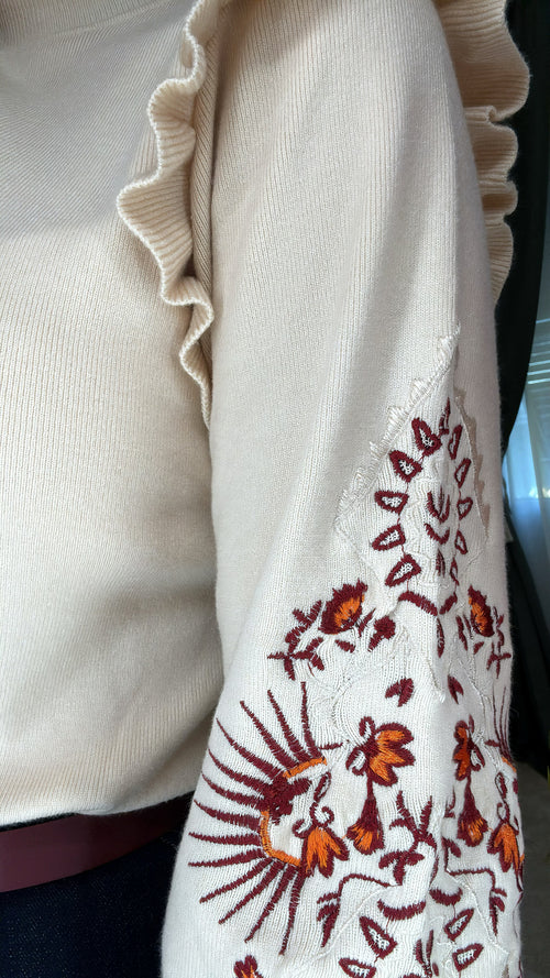 Maglia a manica lunga con ruches sulle spalle e ricami 🍂