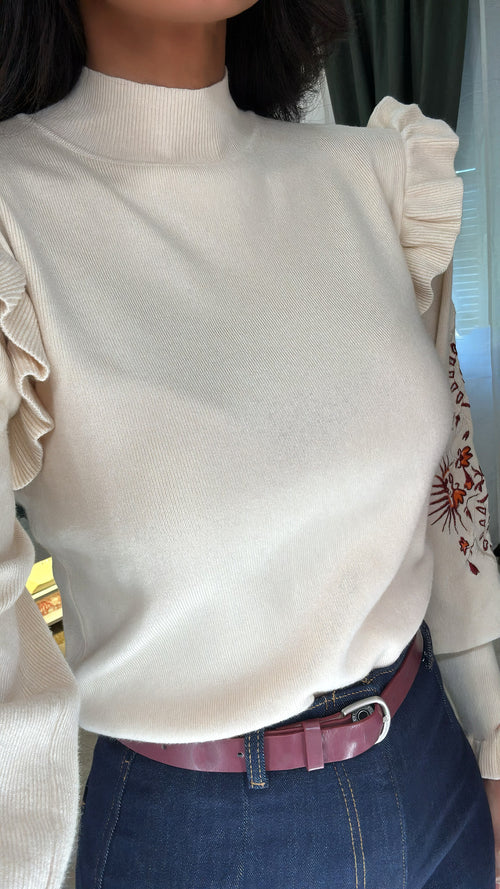 Maglia a manica lunga con ruches sulle spalle e ricami 🍂